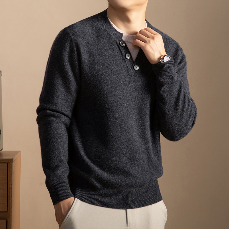 Férfi pulóver, 8% kasmír és 92% gyapjú, imitált két részes megjelenés, vintage stílus, kerek nyakú, jacquard kötés, hosszú ujjú, normál hossz, téli 2025
