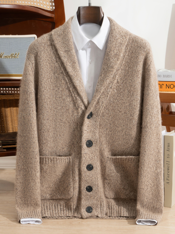 Мъжки кашмирен кардиган с 7-гейдж двойна нишка, удебелен, с яка тип лапел, 30-35% кашмир