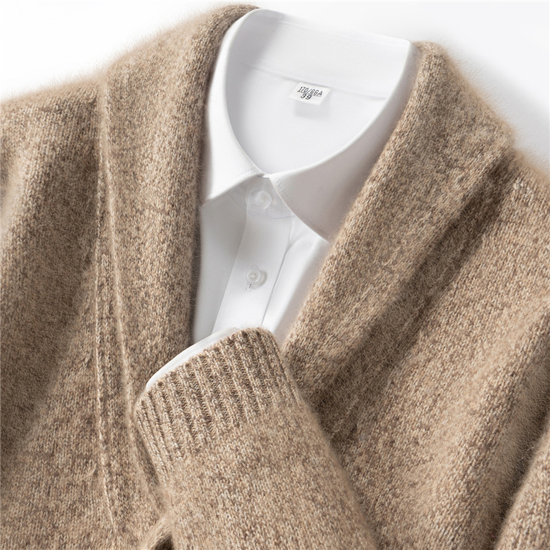 Мъжки кашмирен кардиган с 7-гейдж двойна нишка, удебелен, с яка тип лапел, 30-35% кашмир