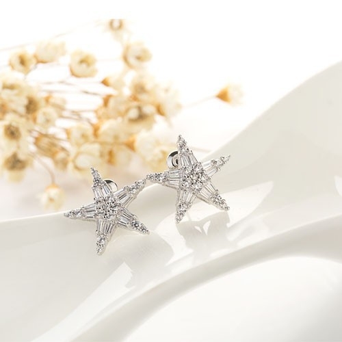 Naušnice: petokraka zvijezda od bakra s cirkoninim ugradnjom, elektroplatirane, Jinse dizajn, korejski stil