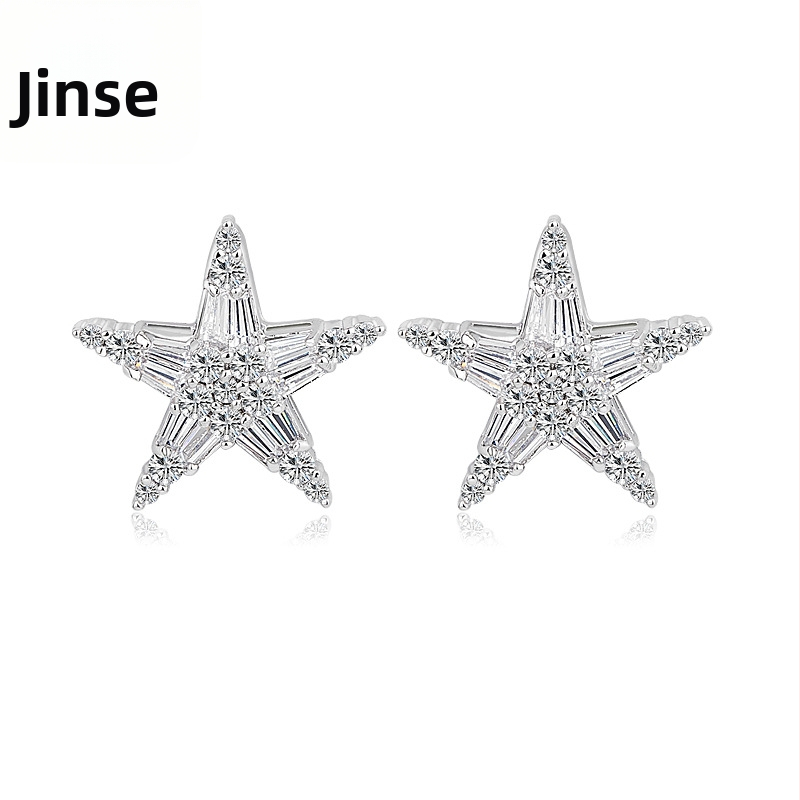 Naušnice: petokraka zvijezda od bakra s cirkoninim ugradnjom, elektroplatirane, Jinse dizajn, korejski stil