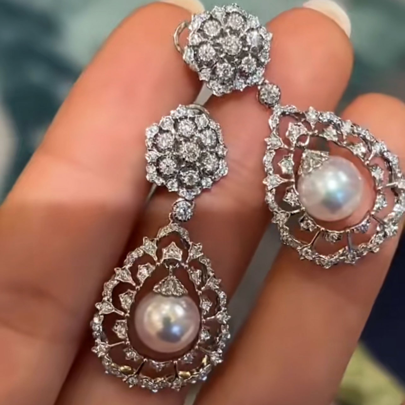 Geometrijski dizajn naušnica s cirkonima i perlama, bakrena osnova s elektroplatiranjem, za žene