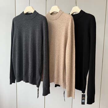 Мъжки безшевен кашмирен пуловер с кръгло деколте, дълги ръкави, свободен силует
