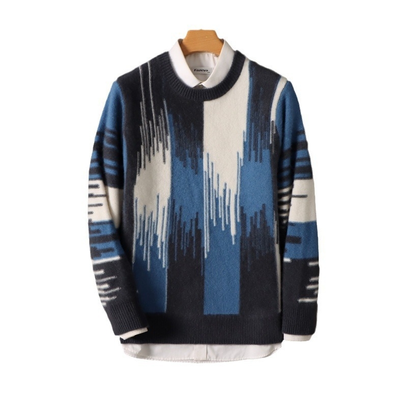 Muški džemper od 100% vune, okrugli ovratnik, debela Jacquard pletenina, široka silueta