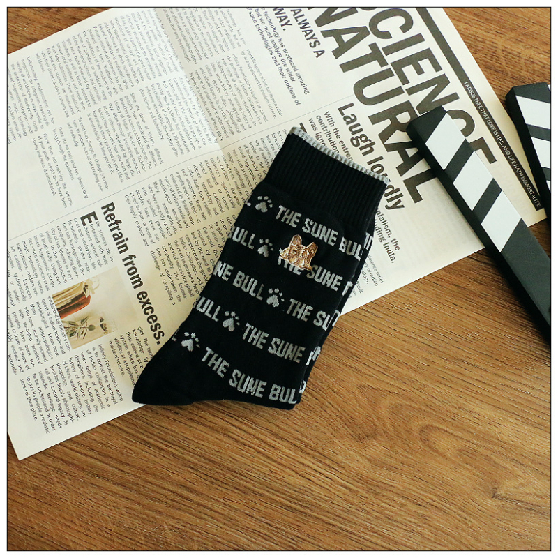 Dámske ponožky z bavlneného terry, vysoký strih, hrubé, s vyšívaným motívom psa, 70–80% bavlna, na zimu a jar