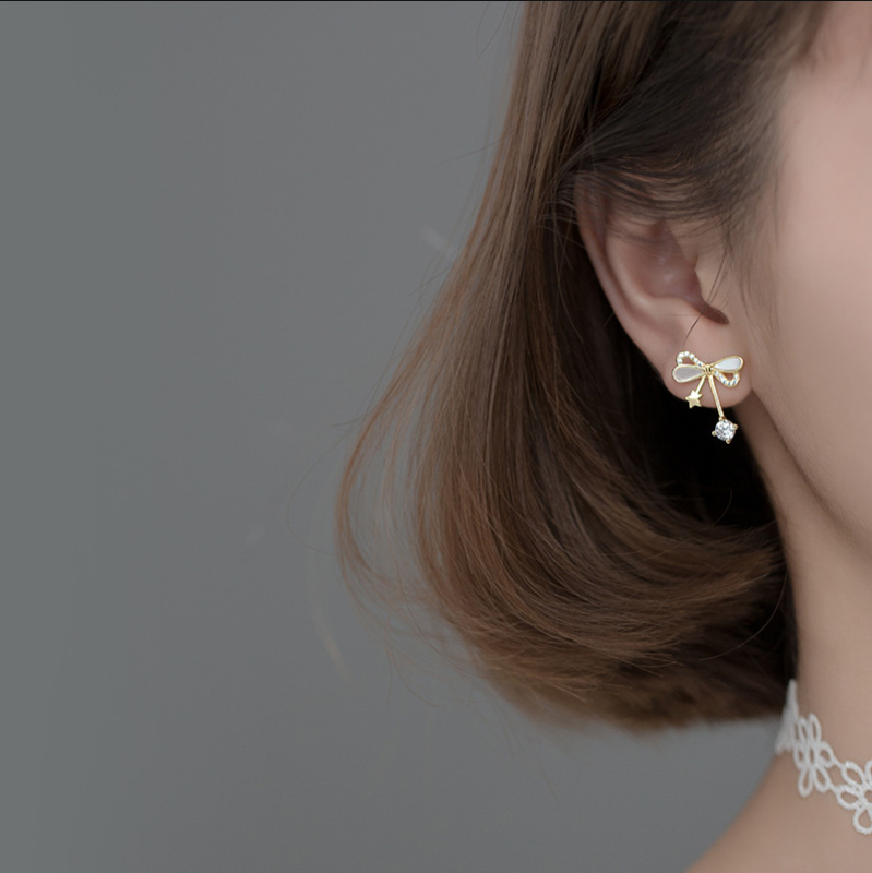 Naušnice s mašnicom – bijela bakar sa srebrnom iglom, elektroplatiranje, ženski modni nakit