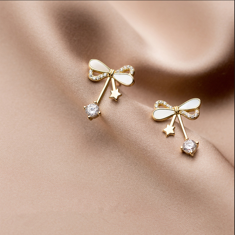 Naušnice s mašnicom – bijela bakar sa srebrnom iglom, elektroplatiranje, ženski modni nakit