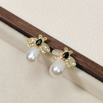 Herakati Pozlaćene bakrene naušnice sa srebrnim postom 925, dizajn kristalnih perli u kružnom cvijetu s motivom pčele, lagani luksuzni stil