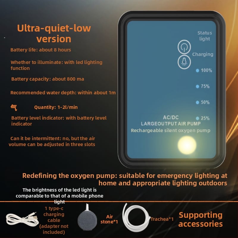 Двуфункционална презареждаща се кислородна помпа с LED осветление за риболов, USB помпа за кислород с многоскоростно регулиране