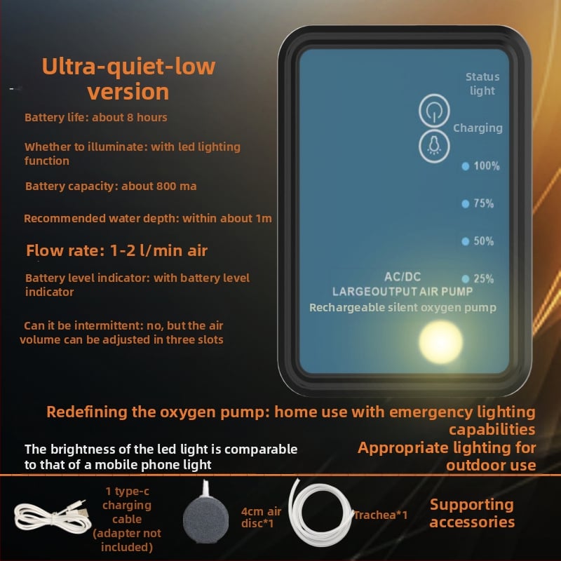 Двуфункционална презареждаща се кислородна помпа с LED осветление за риболов, USB помпа за кислород с многоскоростно регулиране