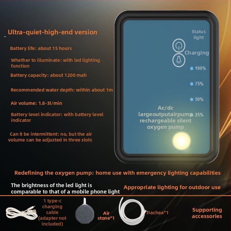 Двуфункционална презареждаща се кислородна помпа с LED осветление за риболов, USB помпа за кислород с многоскоростно регулиране