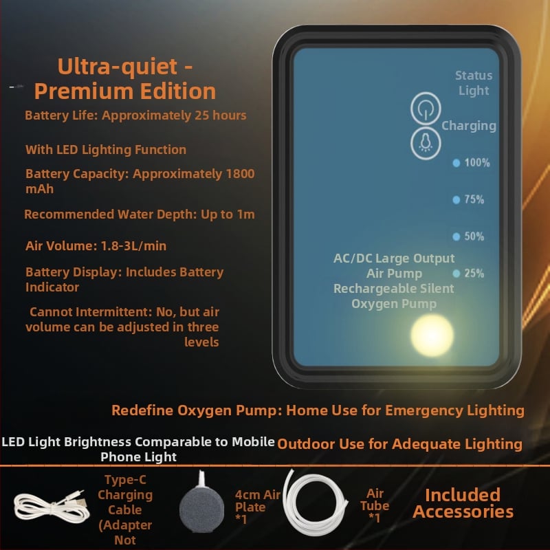 Двуфункционална презареждаща се кислородна помпа с LED осветление за риболов, USB помпа за кислород с многоскоростно регулиране