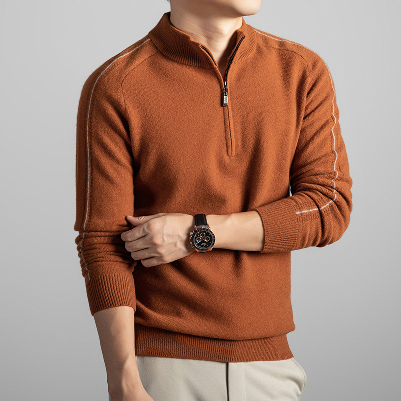 Muški džemper s zipom i polukrutim ovratnikom, džakard uzorak, debeli pleteni, dugi rukavi, zimski stil, 90% vuna / 10% kašmir
