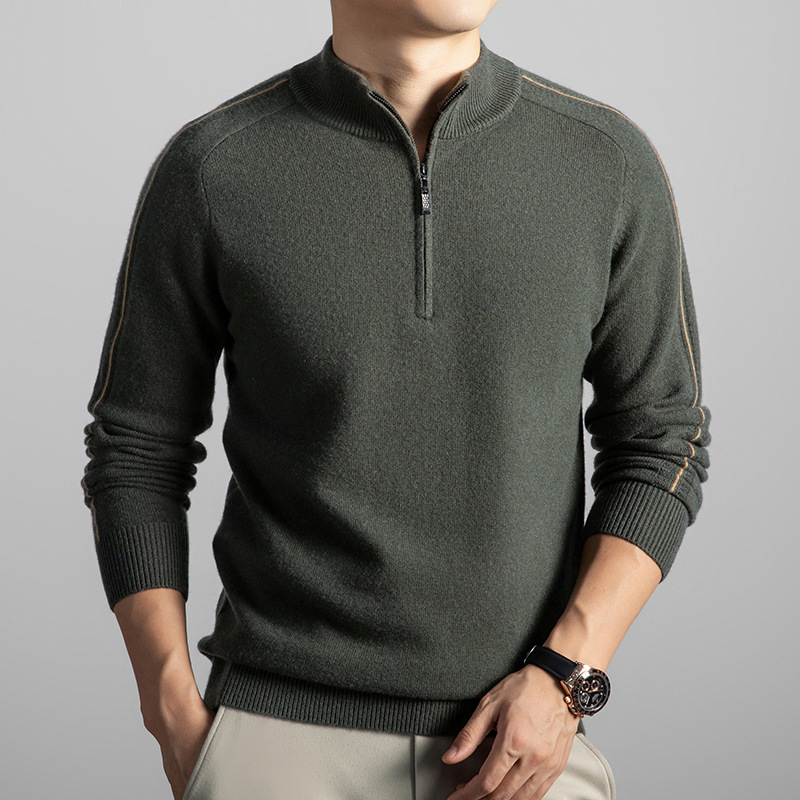 Muški džemper s zipom i polukrutim ovratnikom, džakard uzorak, debeli pleteni, dugi rukavi, zimski stil, 90% vuna / 10% kašmir