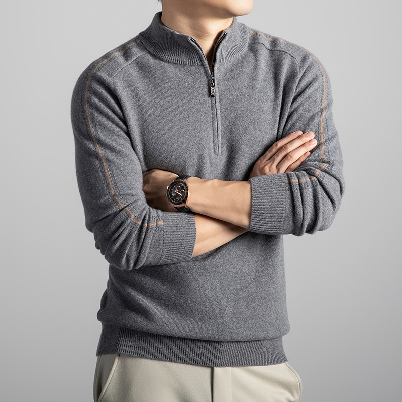 Muški džemper s zipom i polukrutim ovratnikom, džakard uzorak, debeli pleteni, dugi rukavi, zimski stil, 90% vuna / 10% kašmir