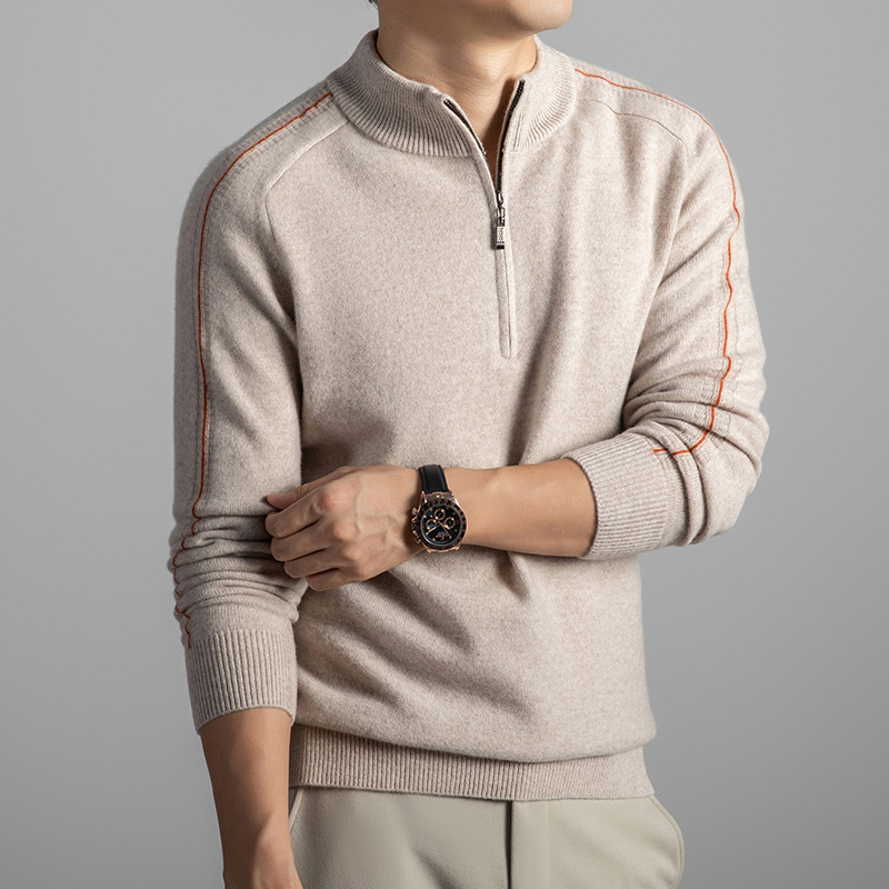 Muški džemper s zipom i polukrutim ovratnikom, džakard uzorak, debeli pleteni, dugi rukavi, zimski stil, 90% vuna / 10% kašmir
