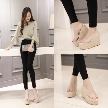 Ženske papuče s klinastim potpeticama, prozirna traka od konopljinog užeta, jednoremeni remen, PU gornji dio, kompozitna potplata