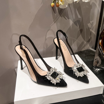 Ženske sandale od velura s oštrim nosom, otvorenim stražnjim dijelom, uski visoki pet 6–8 cm, kopča, korejski stil