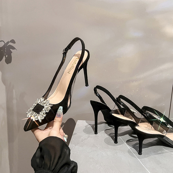 Ženske sandale od velura s oštrim nosom, otvorenim stražnjim dijelom, uski visoki pet 6–8 cm, kopča, korejski stil