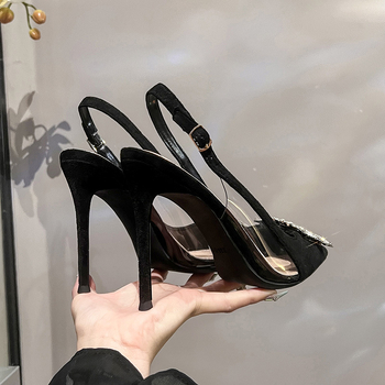 Ženske sandale od velura s oštrim nosom, otvorenim stražnjim dijelom, uski visoki pet 6–8 cm, kopča, korejski stil