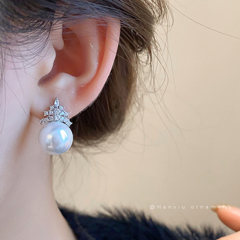 Naušnice od imitacijskih perli, kruna s cirkonijem, geometrijski stil, lagani luksuz za žene
