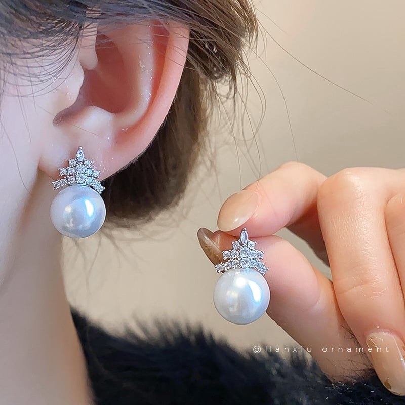 Naušnice od imitacijskih perli, kruna s cirkonijem, geometrijski stil, lagani luksuz za žene