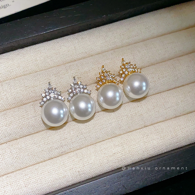 Naušnice od imitacijskih perli, kruna s cirkonijem, geometrijski stil, lagani luksuz za žene