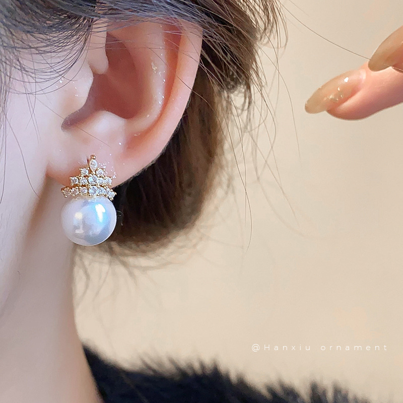 Naušnice od imitacijskih perli, kruna s cirkonijem, geometrijski stil, lagani luksuz za žene