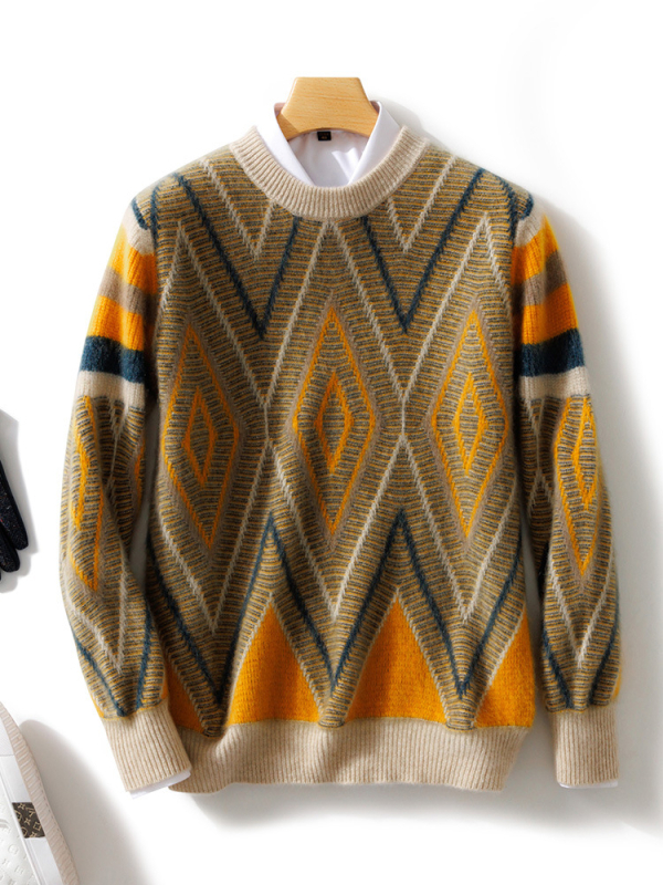 Muški vuneni džemper s okruglim izrezom, slobodan kroj, dugi rukavi, 100% vuna, pleteni