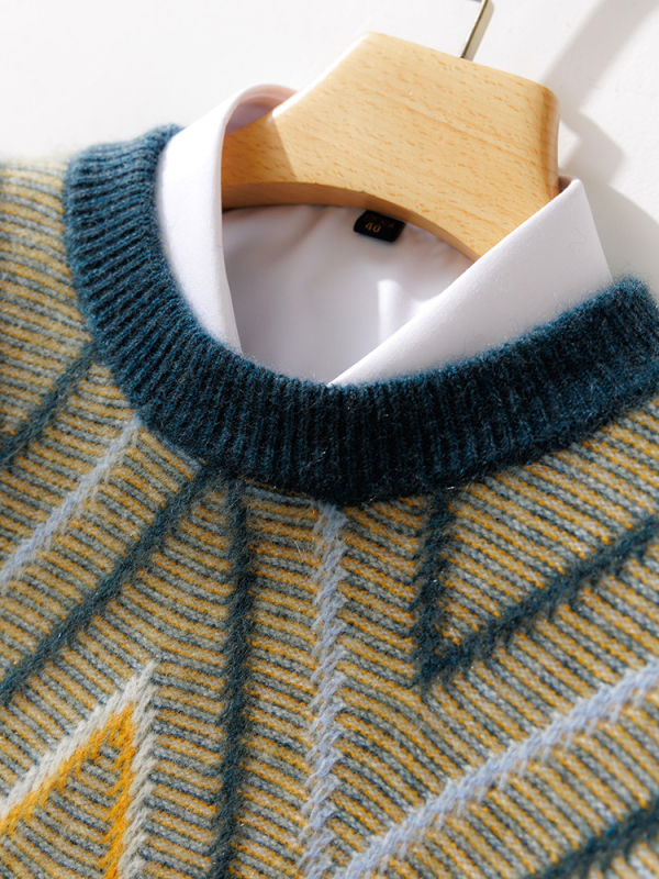 Muški vuneni džemper s okruglim izrezom, slobodan kroj, dugi rukavi, 100% vuna, pleteni