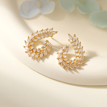 Naušnice s motivom pšenice i mikro cirkonima, bakar pozlaćen, ušna šipka od srebra 925, lagani luksuzni stil, jesen 2025