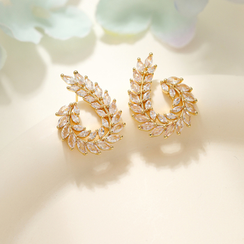 Naušnice s motivom pšenice i mikro cirkonima, bakar pozlaćen, ušna šipka od srebra 925, lagani luksuzni stil, jesen 2025