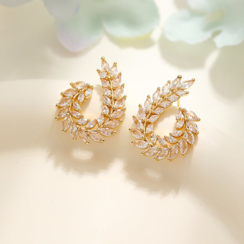 Naušnice s motivom pšenice i mikro cirkonima, bakar pozlaćen, ušna šipka od srebra 925, lagani luksuzni stil, jesen 2025