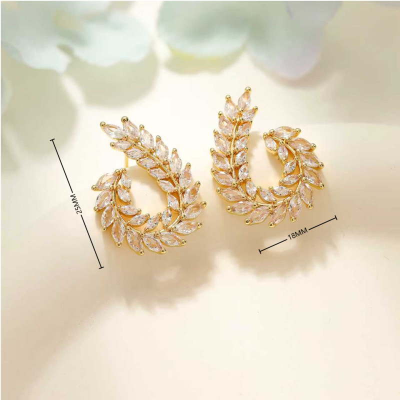 Naušnice s motivom pšenice i mikro cirkonima, bakar pozlaćen, ušna šipka od srebra 925, lagani luksuzni stil, jesen 2025