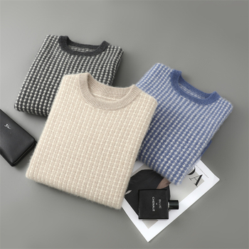 Muški pulover od 100% vune, jacquard pletenje, debeli, udoban kroj, okrugli ovratnik