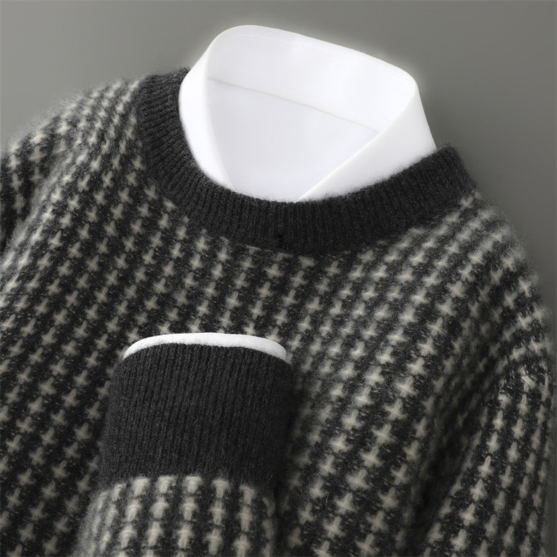 Muški pulover od 100% vune, jacquard pletenje, debeli, udoban kroj, okrugli ovratnik