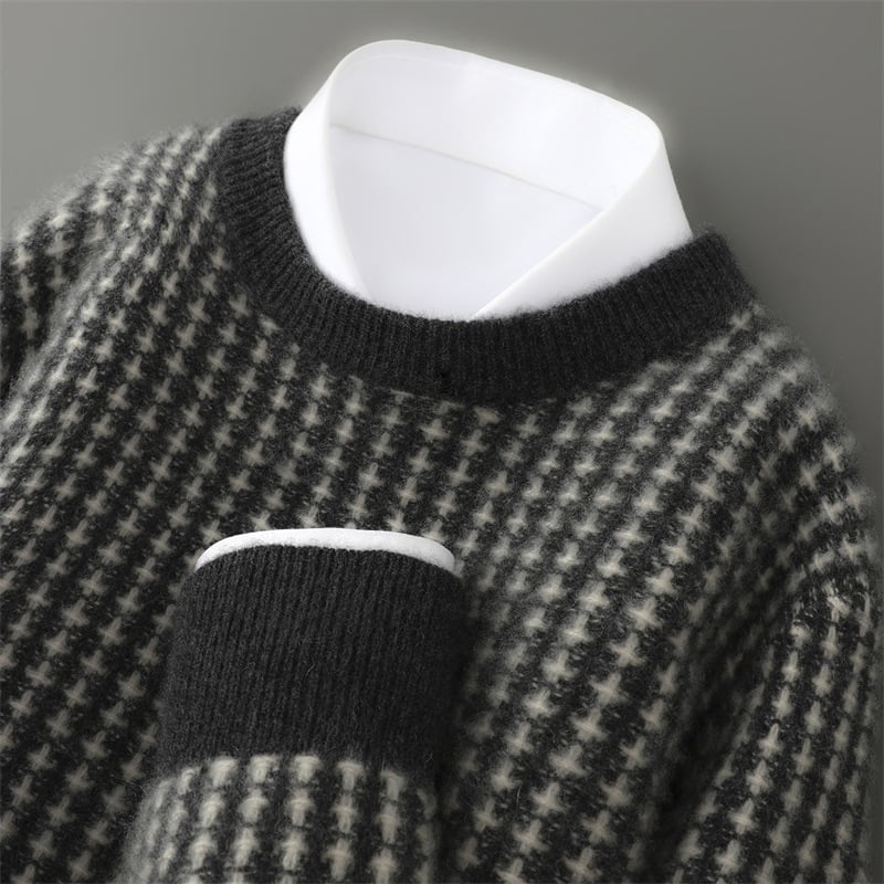 Muški pulover od 100% vune, jacquard pletenje, debeli, udoban kroj, okrugli ovratnik