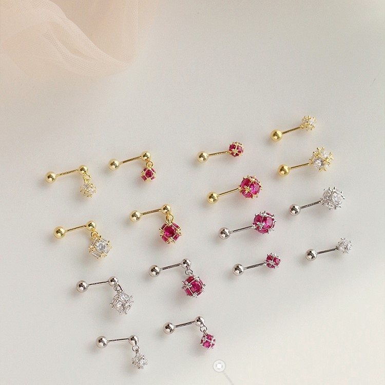 Bakrene elektroplatinirane geometrijske naušnice sa vijčanim zatvaračem, dijamantna kugla, korejski stil, ljeto 2023