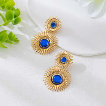 Női fülbevalók — Geometrikus, kör alakú napvirág köves fülbevaló, divatos és sokoldalú (Anyag: vasötvözet; Fülbevaló tű anyaga: rozsdamentes acél; Bevonat: elektroplating; Márka: Yibanglong)