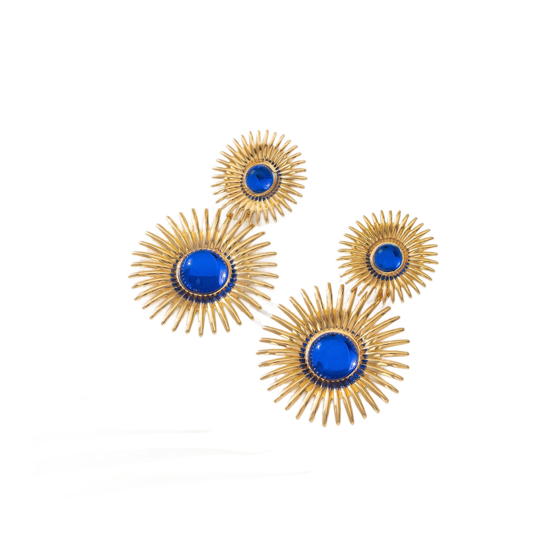 Női fülbevalók — Geometrikus, kör alakú napvirág köves fülbevaló, divatos és sokoldalú (Anyag: vasötvözet; Fülbevaló tű anyaga: rozsdamentes acél; Bevonat: elektroplating; Márka: Yibanglong)