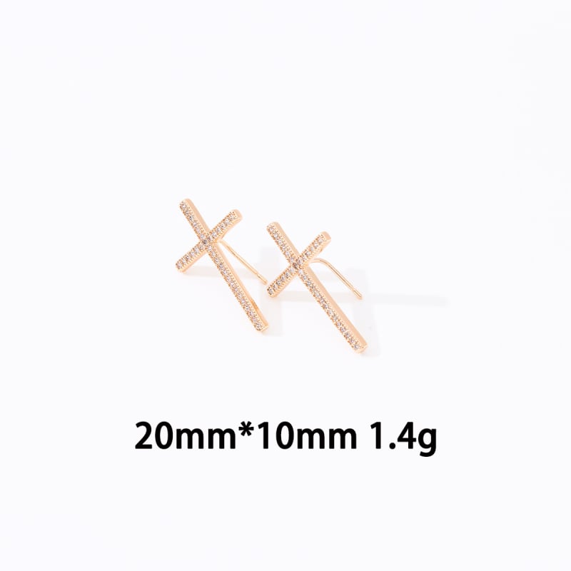 Réz fülbevalók, kereszt alak, cirkóniával, gyémántcsiszolt felület, fülcsap