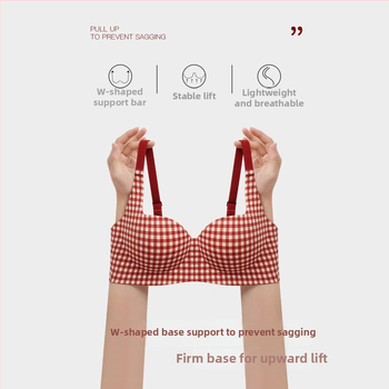 Crveni karirani set grudnjaka, bezšivan, bežični push-up, 3/4 košarica, srednje oblikovana košarica, Spandex tkanina (Push-Up, Wireless, 3/4 Cup, Medium Molded Cup, Spandex)