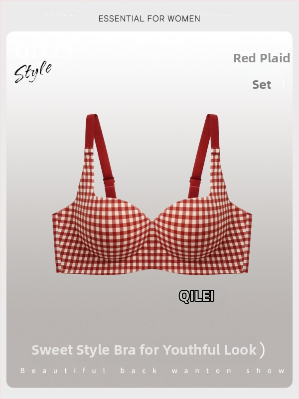 Crveni karirani set grudnjaka, bezšivan, bežični push-up, 3/4 košarica, srednje oblikovana košarica, Spandex tkanina (Push-Up, Wireless, 3/4 Cup, Medium Molded Cup, Spandex)