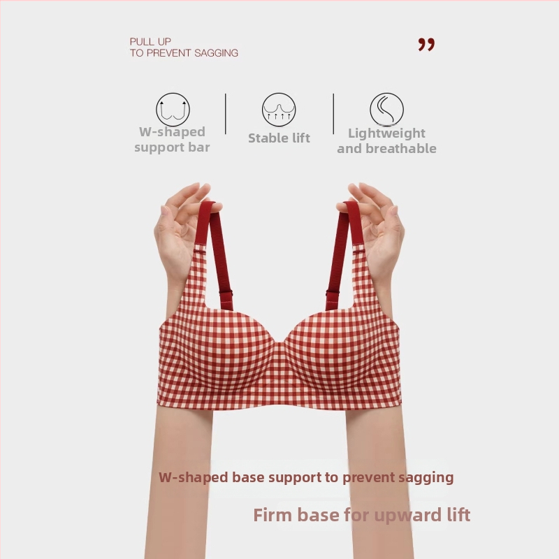 Crveni karirani set grudnjaka, bezšivan, bežični push-up, 3/4 košarica, srednje oblikovana košarica, Spandex tkanina (Push-Up, Wireless, 3/4 Cup, Medium Molded Cup, Spandex)