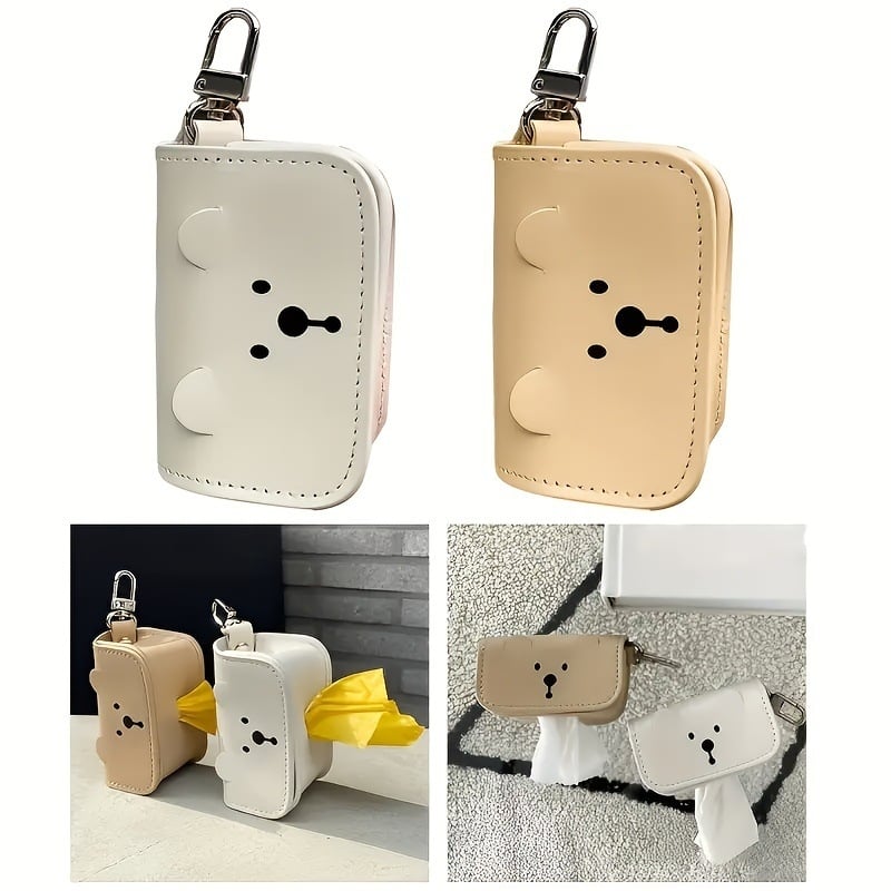 Δερμάτινη τσάντα για βόλτες με σκύλο, διανομέας σακουλών αποβλήτων με διαχείριση συνεχούς ροής — σχέδιο αρκούδας