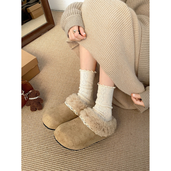 Ženske Birkenstock-stil Mule s flisom, debeli potplat za povećanje visine, gornji dio od umjetne PU, unutarnja plijes od umjetnog kratkog pliša, okrugli vrh, korejski stil, zima 2025