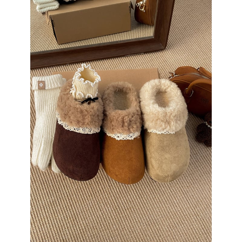 Ženske Birkenstock-stil Mule s flisom, debeli potplat za povećanje visine, gornji dio od umjetne PU, unutarnja plijes od umjetnog kratkog pliša, okrugli vrh, korejski stil, zima 2025