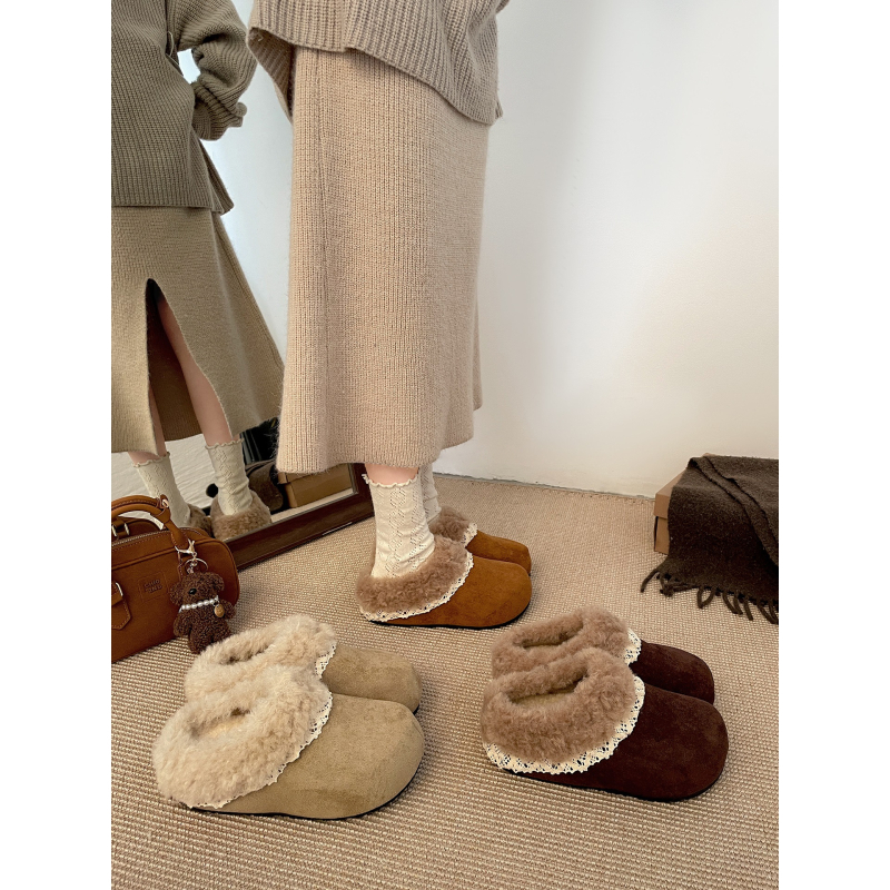 Ženske Birkenstock-stil Mule s flisom, debeli potplat za povećanje visine, gornji dio od umjetne PU, unutarnja plijes od umjetnog kratkog pliša, okrugli vrh, korejski stil, zima 2025