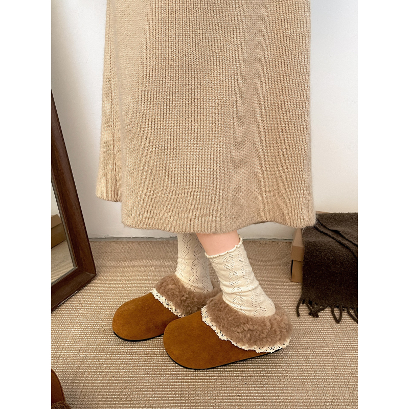 Ženske Birkenstock-stil Mule s flisom, debeli potplat za povećanje visine, gornji dio od umjetne PU, unutarnja plijes od umjetnog kratkog pliša, okrugli vrh, korejski stil, zima 2025