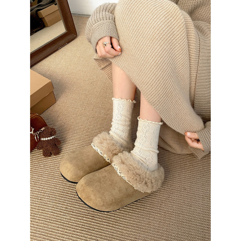 Ženske Birkenstock-stil Mule s flisom, debeli potplat za povećanje visine, gornji dio od umjetne PU, unutarnja plijes od umjetnog kratkog pliša, okrugli vrh, korejski stil, zima 2025
